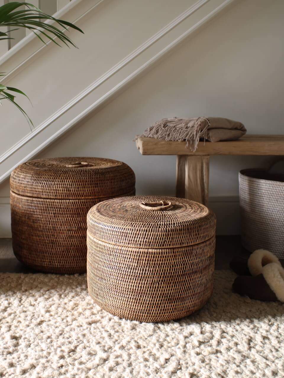 Ely Rattan Round Storage Box - Antique Brown